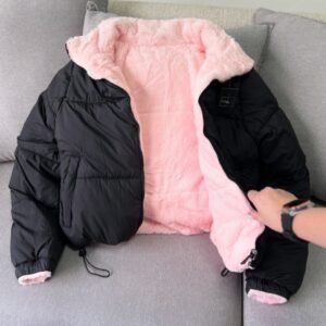 Moda Black Puffer Hoodie with Pink Sherpa Lining