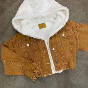 Moda Brown Beige Fur-Lined Denim Hoodie