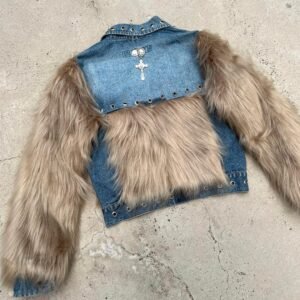 Moda Embellished Denim Jacket with Fur and Cross Pendant